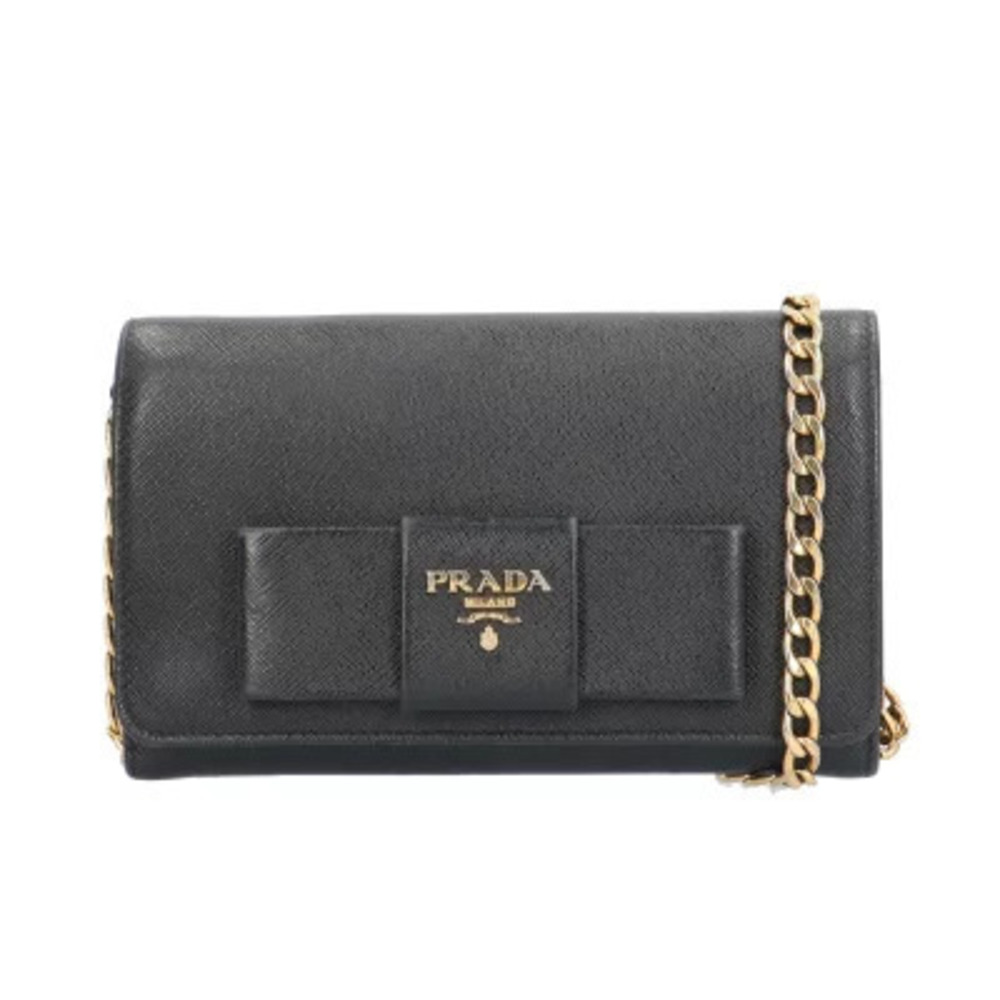 Prada Saffiano Shoulder Bag Leather Black Chain Wallet